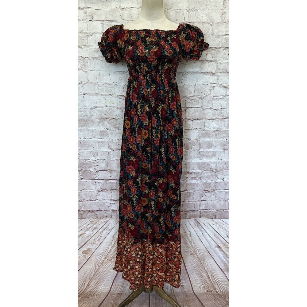 Patrons of Peace Maxi Dress Black Floral Puff Sleeve Ruffle Smocked Boho Size XS
